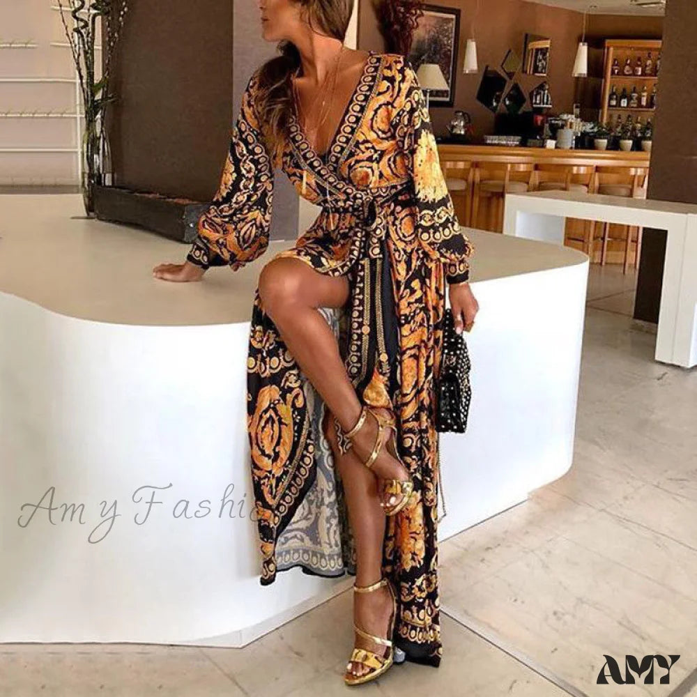 Ruffled Hem DressAmy Fashion - Sexy Glitter Deep V Neck Print Party Dress