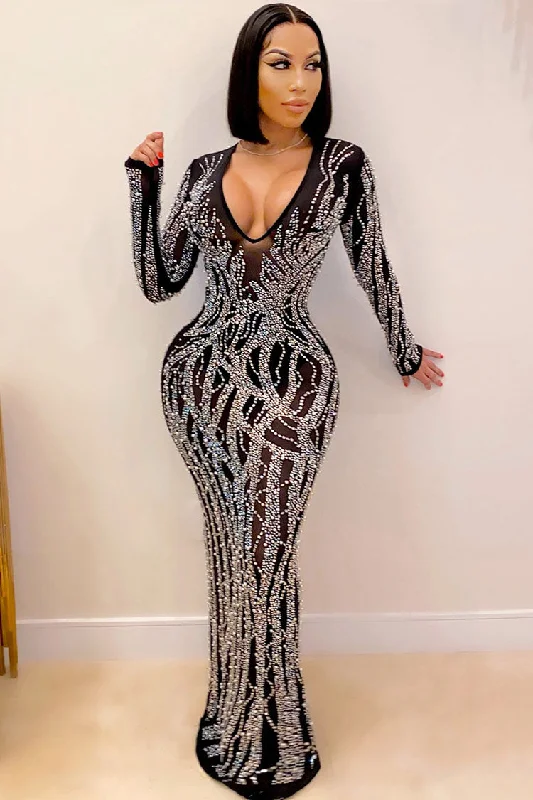 Tall Women DressSparkly Rhinestone Deep V Long Sleeve Sheer Mesh Evening Maxi Dress - Black Tall Women DressSparkly Rhinestone Deep V Long Sleeve Sheer Mesh Evening Maxi Dress - Black