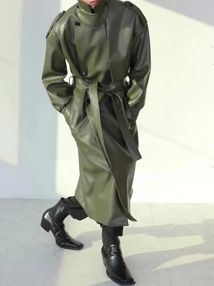 Modern Men's Field JacketsMen's Casual Belted Leather Overcoat