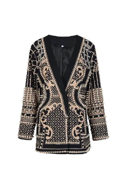 women's halter dressesLuxury Faux Pearl Embellished Printed Plunge Shoulder Pad Party Blazer women's halter dressesLuxury Faux Pearl Embellished Printed Plunge Shoulder Pad Party Blazer