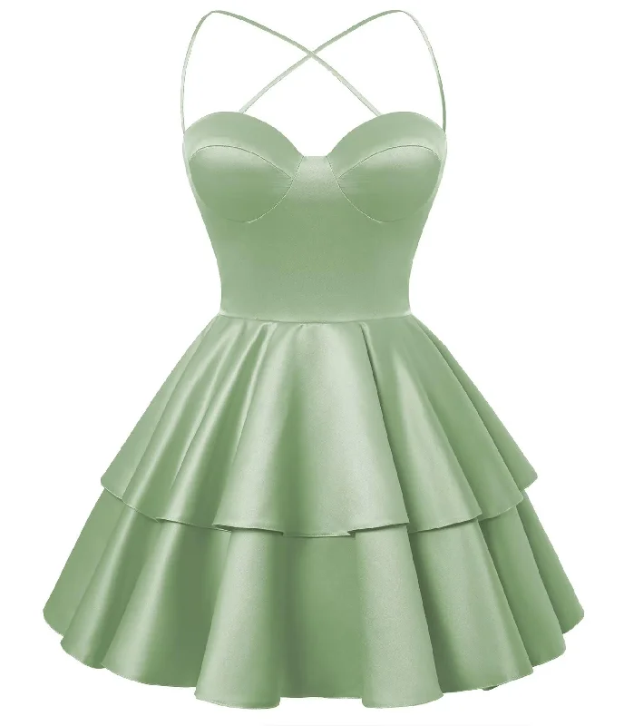 women's limited-edition dressesSage Green Satin Homecoming Dress Sweetheart Neck Tiered Short Graduation Dresses