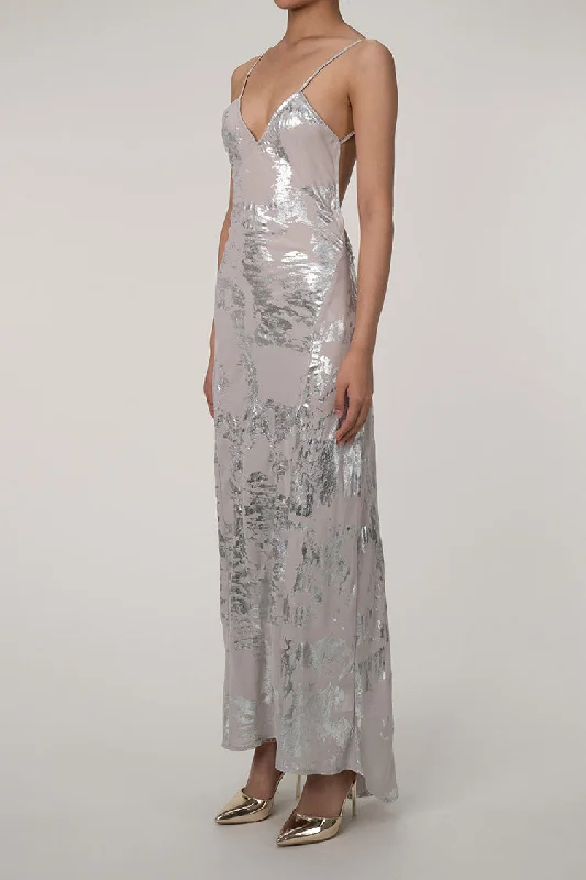 Pastel DressShimmering Metallic Foil V Neck Spaghetti Strap Backless Evening Maxi Dress Pastel DressShimmering Metallic Foil V Neck Spaghetti Strap Backless Evening Maxi Dress