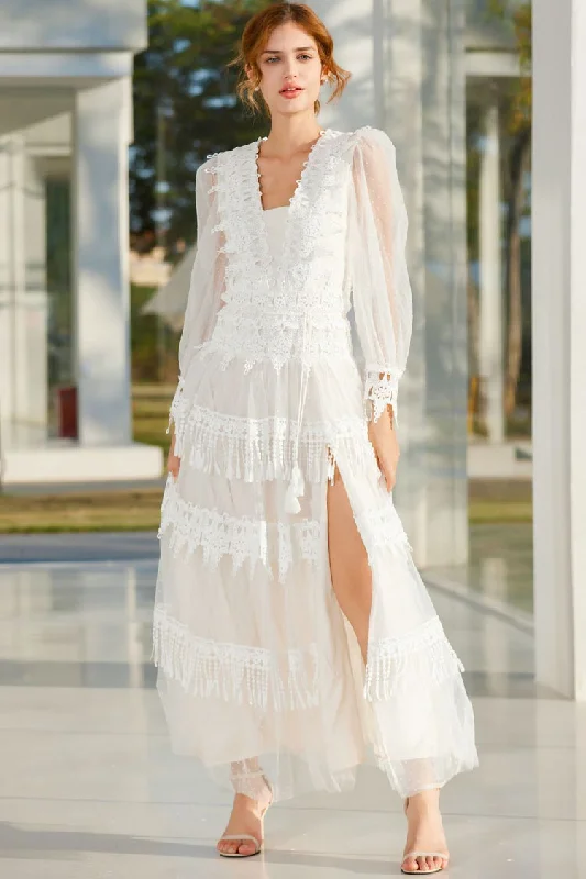 Peplum Hem DressFrench Style Lace Neck Puff Sleeve Split Dotted Tulle Evening Maxi Dress - White Peplum Hem DressFrench Style Lace Neck Puff Sleeve Split Dotted Tulle Evening Maxi Dress - White