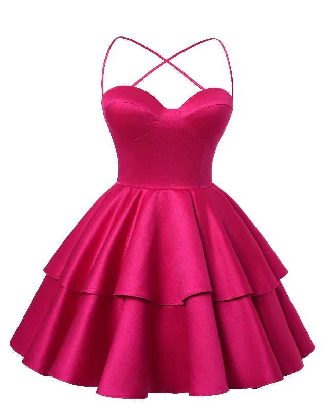 Maternity DressFuchsia Satin Homecoming Dress Sweetheart Neck Tiered Short Graduation Dresses