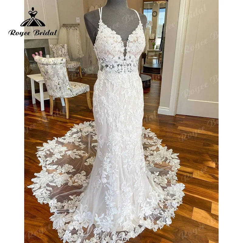 Backless DressRoycebridal Luxury V Neck Lace Appliques Spaghetti Straps Wedding Dress Mermaid/Trumpet Court Train Vestido De Novia Wedding Gowns for Women Backless DressRoycebridal Luxury V Neck Lace Appliques Spaghetti Straps Wedding Dress Mermaid/Trumpet Court Train Vestido De Novia Wedding Gowns for Women