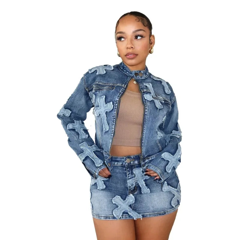 Men's Ripped JeansEmbroidery Tassel Jeans Two Piece Set Women Stand Collar Long Sleeve Short Jackets Tops Denim Suits Men's Ripped JeansEmbroidery Tassel Jeans Two Piece Set Women Stand Collar Long Sleeve Short Jackets Tops Denim Suits