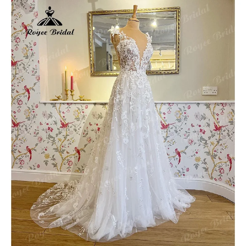 Striped DressRoycebridal Vestidos Civil Bridal Floral Lace Wedding Dress Beach 2025 Luxury Boho Bridal Gowns Deep V Neck sukienka na wesele Striped DressRoycebridal Vestidos Civil Bridal Floral Lace Wedding Dress Beach 2025 Luxury Boho Bridal Gowns Deep V Neck sukienka na wesele