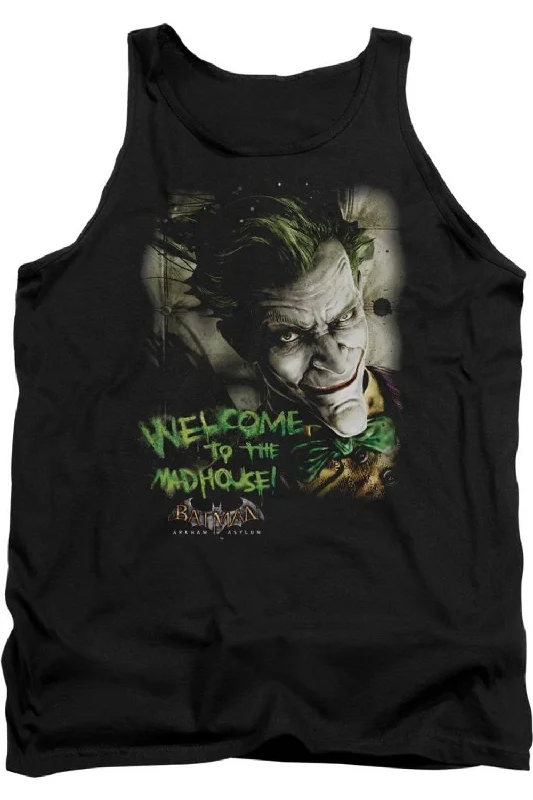 Men's Flowy Shirts for a Relaxed LookBatman Arkham Asylum Welcome To The Madhouse Adult Tank Top