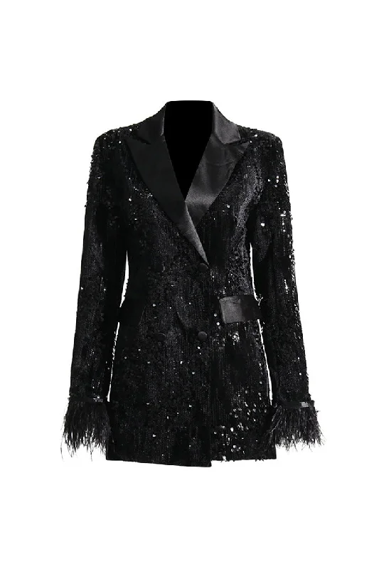 A-Line DressSilky Satin Lapel Feather Trim Long Sleeve Cinch Waist Sequin Party Blazer A-Line DressSilky Satin Lapel Feather Trim Long Sleeve Cinch Waist Sequin Party Blazer