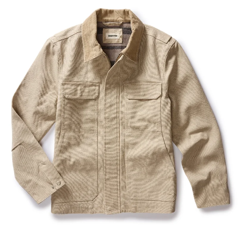 Men's Coats for Snowy WeatherThe Workhorse Utility Jacket in Light Khaki Chipped Canvas