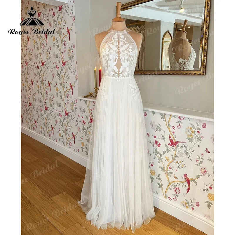 Beaded DressVintage Lace Appliques Floor Length Tulle Halter Neck Wedding Dress A Line Beach 2025 Wedding Gowns Custom Made robe de mariage Beaded DressVintage Lace Appliques Floor Length Tulle Halter Neck Wedding Dress A Line Beach 2025 Wedding Gowns Custom Made robe de mariage