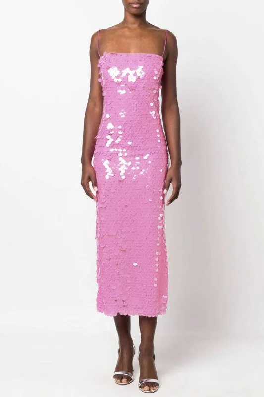 Pastel DressSparkly Mermaid Sequin Spaghetti Strap Split Evening Maxi Dress - Pink