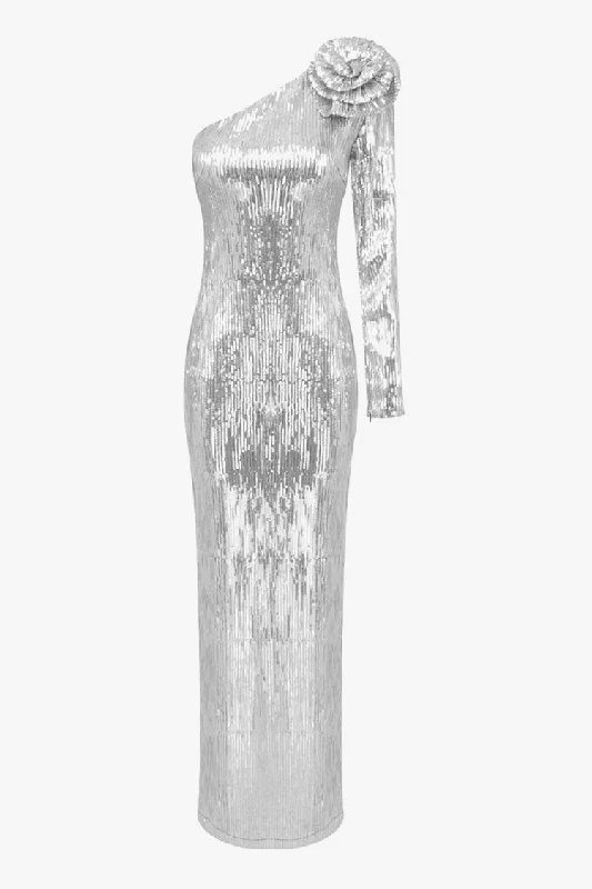 women's stretchy dressesAsymmetrical Rosette One Shoulder Long Sleeve Sequin Evening Maxi Dress women's stretchy dressesAsymmetrical Rosette One Shoulder Long Sleeve Sequin Evening Maxi Dress