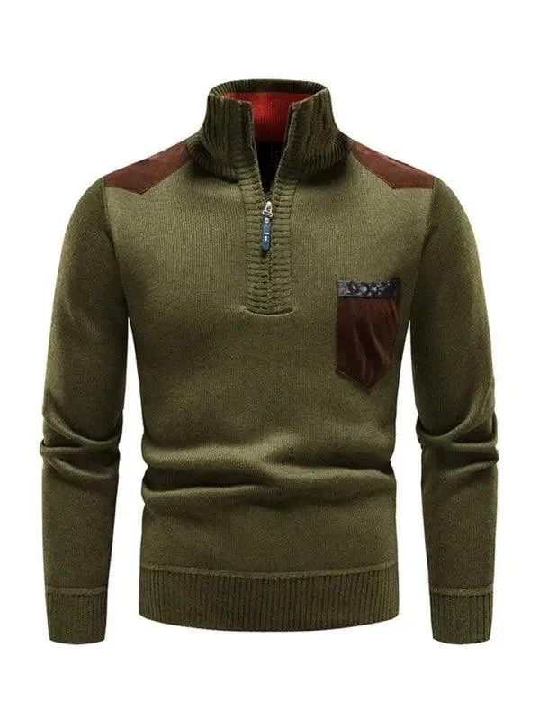 Lightweight Men's Cardigan SweatersStand-Up Collar Patchwork Zipper Men Turtleneck Sweater