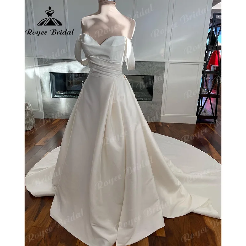 Knit DressRoycebridal Vintage Off the Shoulder Satin Sweetheart Neckline Pleats Wedding Dress with Cap Short Sleeve 2025 Bridal Gowns robe de mariée