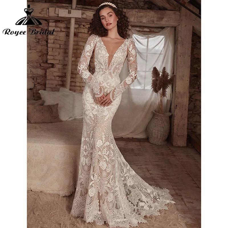 Sheath DressMermaid Boho Bohemia Wedding Dress with Detachable Tank Long Sleeve Lace Deep V Neck Backlesss Bridal Gowns Robe De Mariée 2022 Sheath DressMermaid Boho Bohemia Wedding Dress with Detachable Tank Long Sleeve Lace Deep V Neck Backlesss Bridal Gowns Robe De Mariée 2022