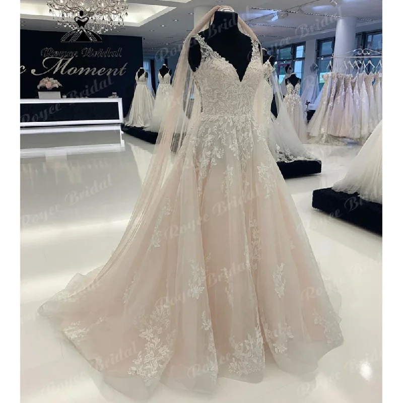 Off-The-Shoulder DressRoycebridal Roycebridal Blush Pink A Line Beach Wedding Dress V Neck Lace Appliques 2025 Bridal Gowns Countryside Backless vestido de noiva
