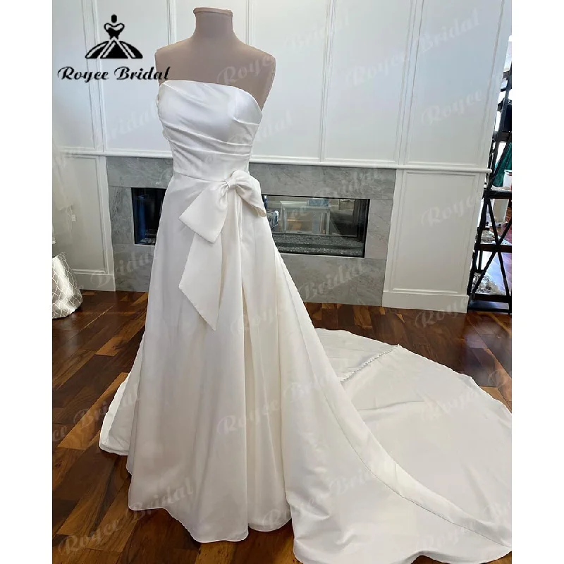 Jersey DressRoycebridal Vestido De Noiva A Line Pleated Satin Women Wedding Dresses with Bow 2025 Bridal Gwons Factory Custom Made Off the Shoulder Sexy