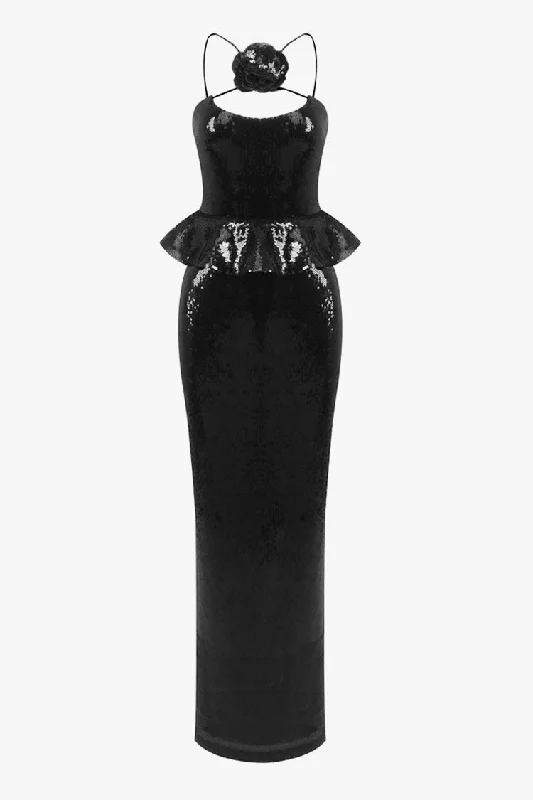 women's one-shoulder dressesRomantic Rosette Applique Sleeveless Peplum Sequin Evening Maxi Dress women's one-shoulder dressesRomantic Rosette Applique Sleeveless Peplum Sequin Evening Maxi Dress