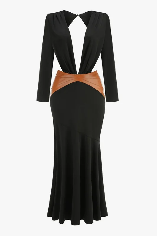 women's handmade dressesSexy Plunge Padded Long Sleeve Leather Panel Cutout Evening Maxi Dress women's handmade dressesSexy Plunge Padded Long Sleeve Leather Panel Cutout Evening Maxi Dress
