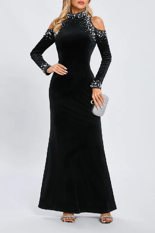 women's versatile dressesSparkly Crystal Faux Pearl Cold Shoulder Long Sleeve Velvet Evening Maxi Dress women's versatile dressesSparkly Crystal Faux Pearl Cold Shoulder Long Sleeve Velvet Evening Maxi Dress