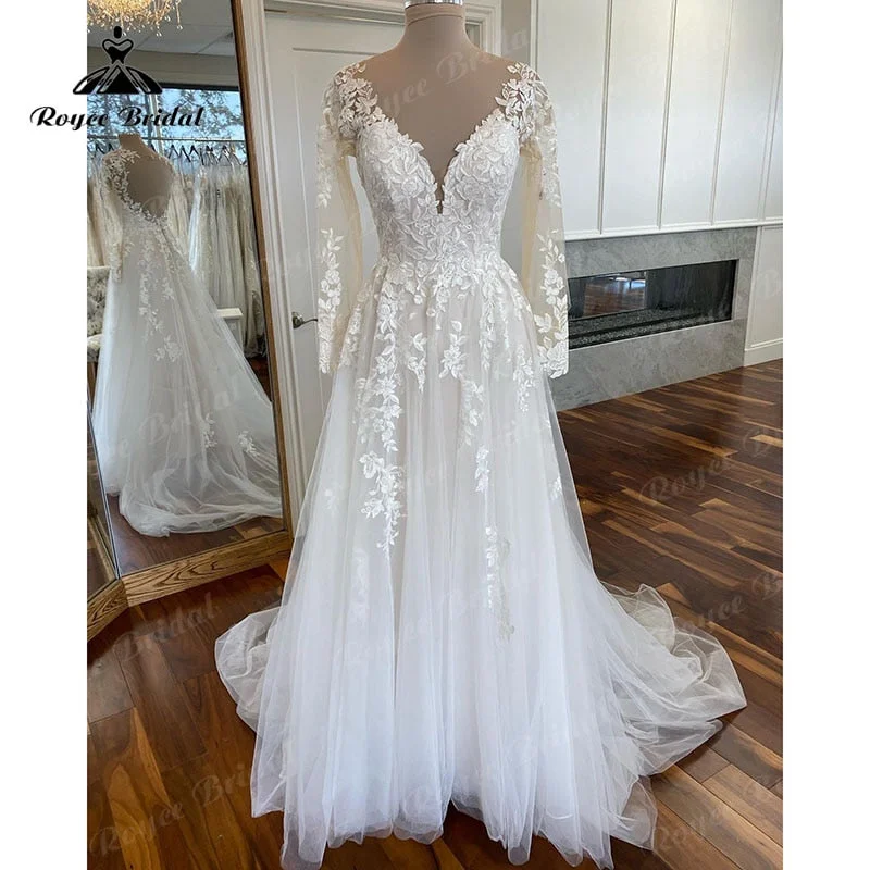 Empire DressRoycebridal Boho Long Sleeve Lace Applqiues V Neck Open Back Wedding Dress for Women Sweep Train 2025 Vestidos Fiesta Robe Civil Bridal Gown