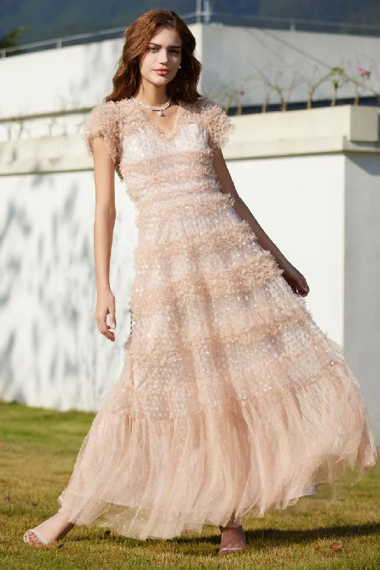 Velveteen DressSparkly Sequin V Neck Layered Ruffle Summer Tulle Evening Maxi Dress - Pink
