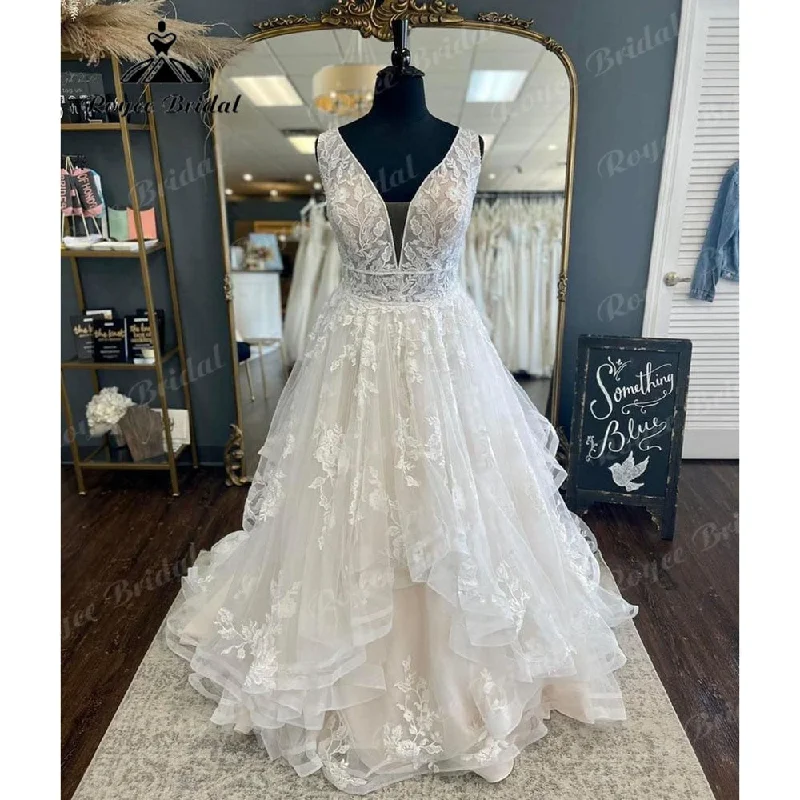 Peplum DressRoycebridal Plus Size V Neck Lace Appliques Princess Wedding Dress Backless 2025 Bridal Gown robe soirée mariage Sleeveless