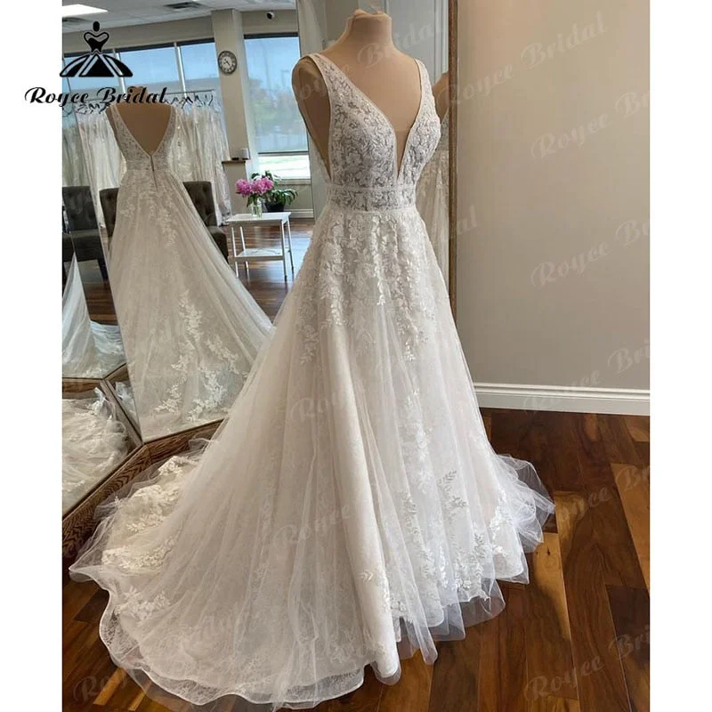 Trumpet DressElegant Robe Chic Boho Lace Wedding Gown 2025 V neck Women A Line Tulle Bridal Dresses Lace Bidice Vestidos de Novia Backless