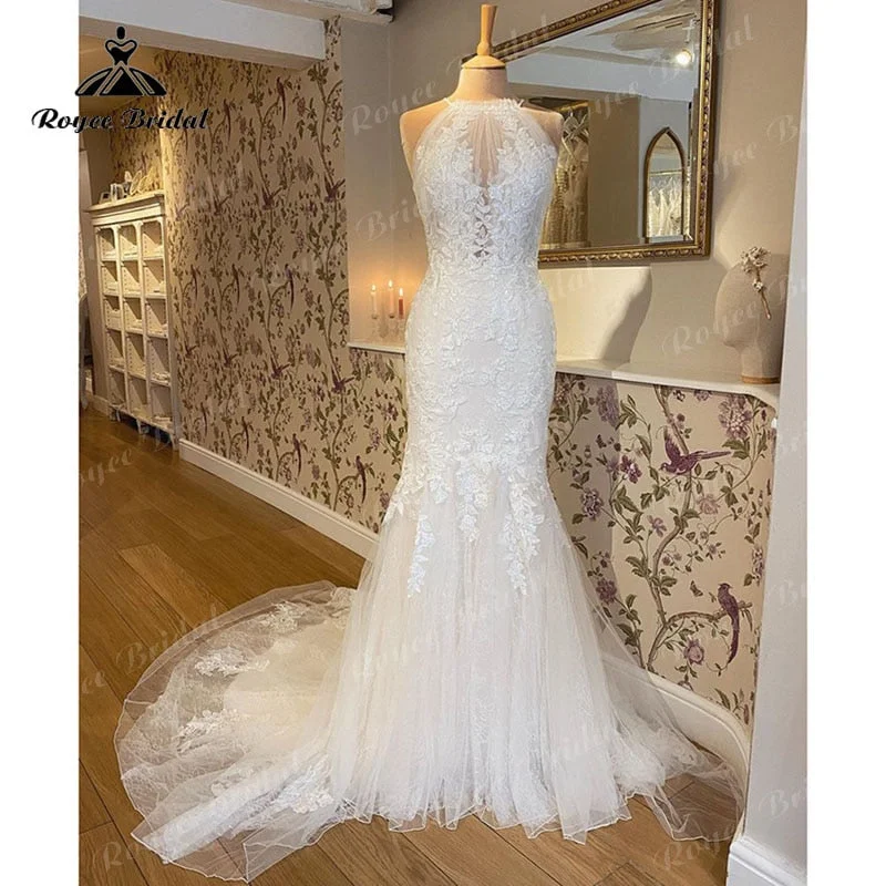 Tulle DressRoycebridal Sexy Mermaid Halter Wedding Dress Open Back Lace Appliqued Tulle Trumpet Bridal Gowns Wedding Gowns vestido de boda corte sirena