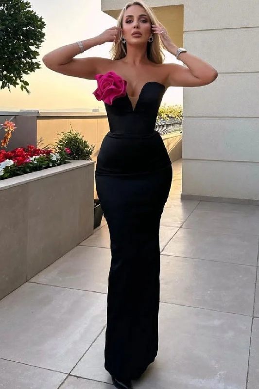 Designer DressRosette Trim Deep V Strapless Bandage Evening Maxi Dress - Black