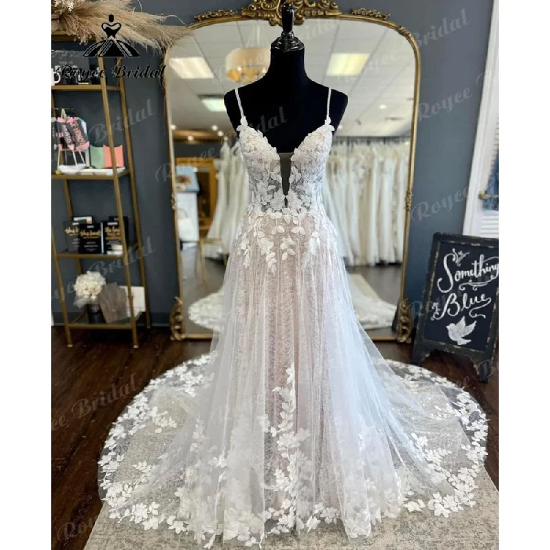 Tea-Length DressRoycebridal Vintage Spaghetti Straps Blush Pink Lace Appliques A Line Boho Wedding Dress V Neck Backless 2025 Bridal Gowns Vestido De Novia