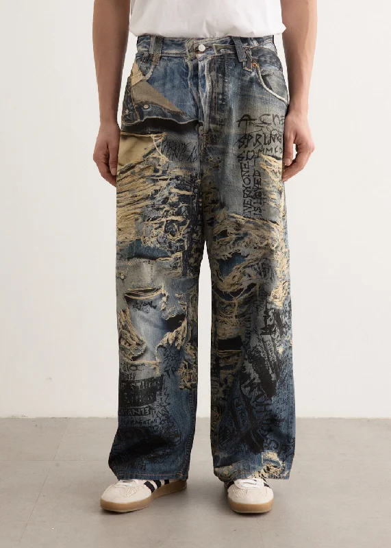 Light Blue Denim Men's Jeans2023M FN TLO Torn Scribble Jeans