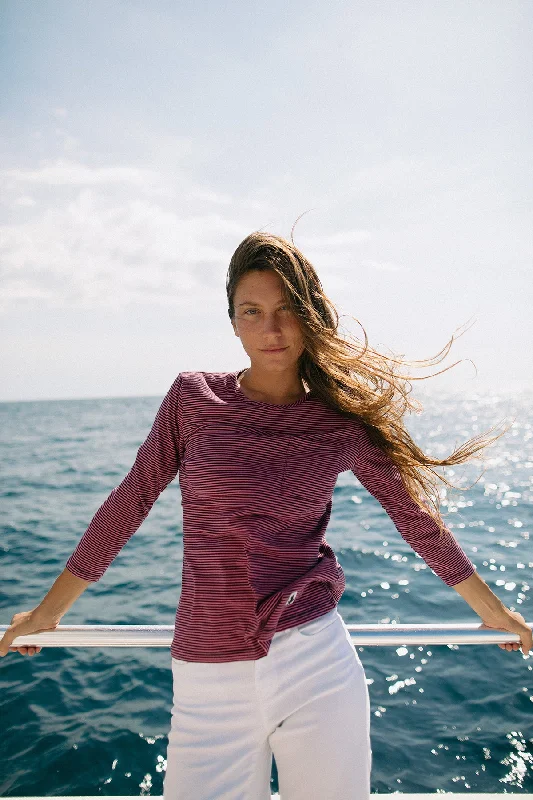 Men's Shirts for HikingWomen's Fine Stripe Crewneck Tee in Cranberry/Navy
