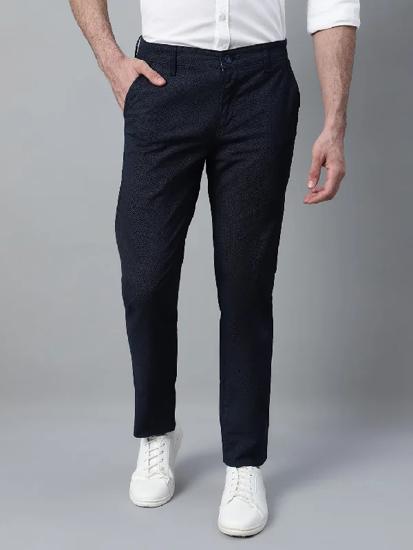 Men's Pants with Belt LoopsMen's Navy Blue Self Design Non-Pleated Casual Trouser