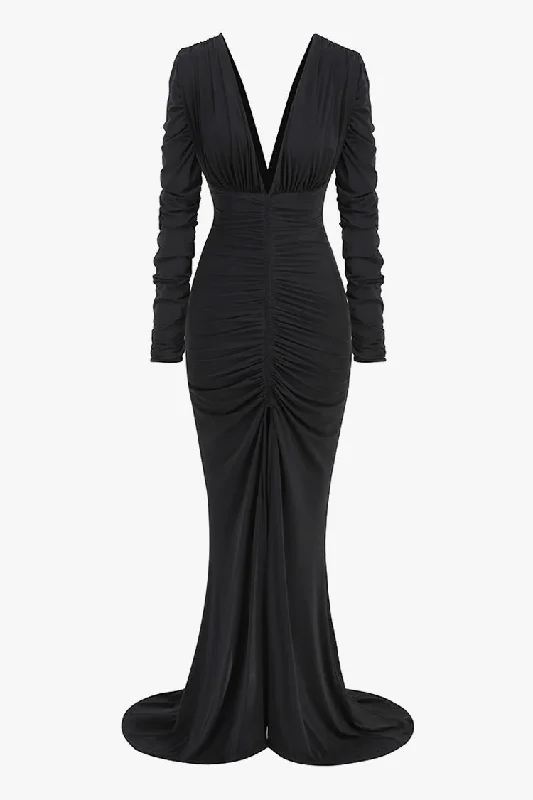 Elegant DressLuxury Plunge Neck Long Sleeve Split Ruched Mermaid Evening Maxi Dress