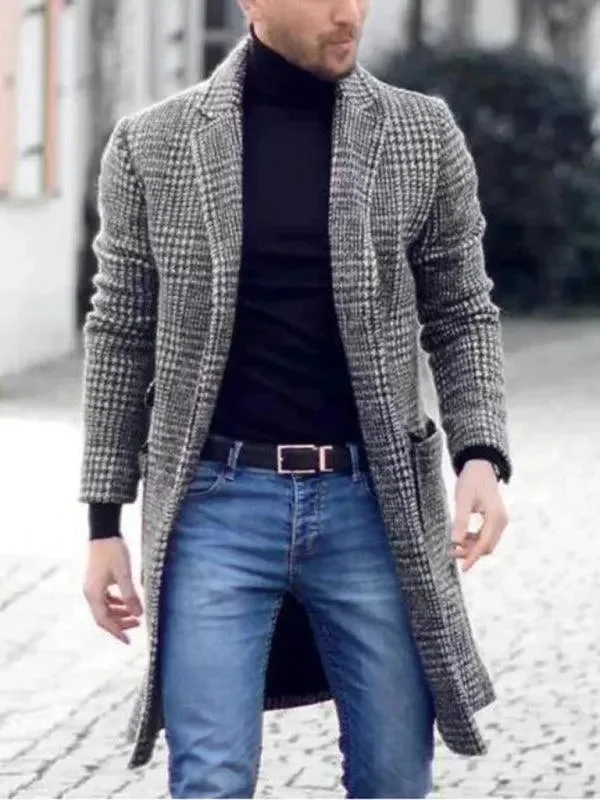 Men's Coats with Vintage StyleHoundstooth  Woolen Men Winter Coat