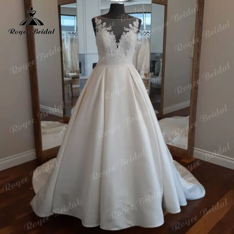 Spaghetti Strap DressRoycebridal Satin Lace Appliques Wedding Dress Backless 2025 vestido de noiva princesa Wedding Ball Gown for Women Sweep Train Spaghetti Strap DressRoycebridal Satin Lace Appliques Wedding Dress Backless 2025 vestido de noiva princesa Wedding Ball Gown for Women Sweep Train