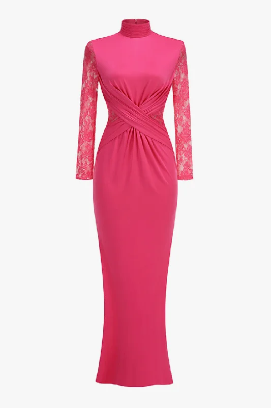 women's fashionable dressesRadiant Pleated High Neck Lace Sleeve Twist Fishtail Evening Maxi Dress women's fashionable dressesRadiant Pleated High Neck Lace Sleeve Twist Fishtail Evening Maxi Dress