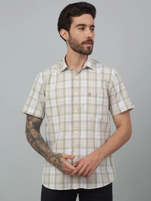 Men's Formal Trousers for BusinessMen's Olive Green Casual Big Checks Half sleeve Shirt