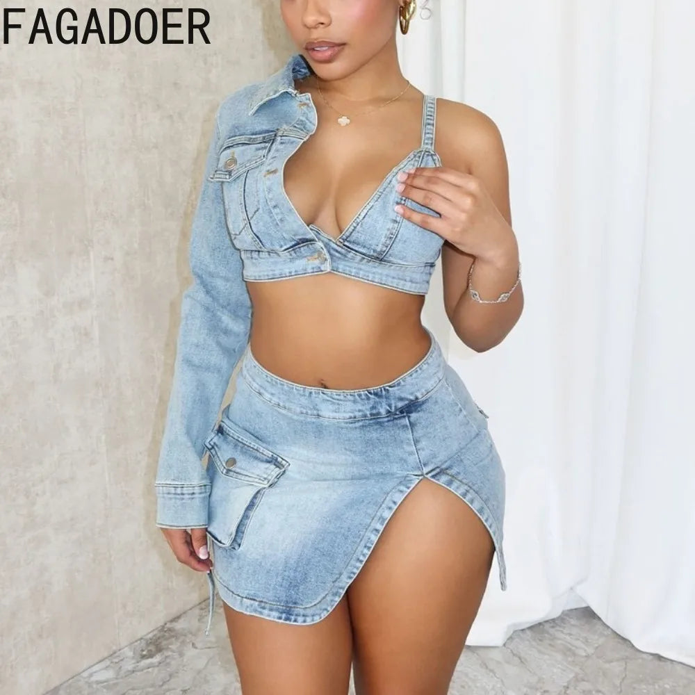 Men's Skinny JeansBlue Sexy Denim Backless Slit Two Piece Sets Women V Neck One Shoulder Skirts Cowboy Outfits Men's Skinny JeansBlue Sexy Denim Backless Slit Two Piece Sets Women V Neck One Shoulder Skirts Cowboy Outfits