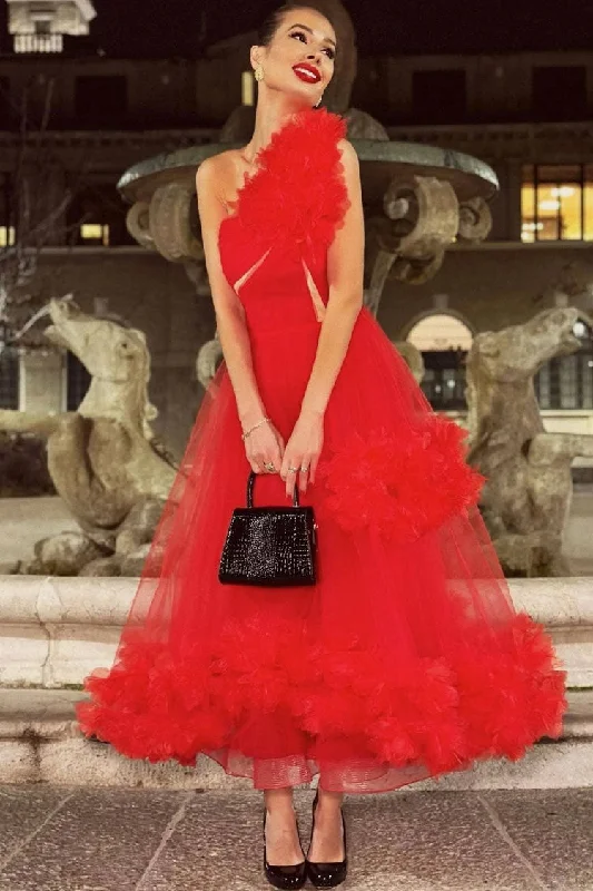 women's tall dressesGlamorous 3D Rosette One Shoulder A Line Tulle Evening Maxi Dress - Red women's tall dressesGlamorous 3D Rosette One Shoulder A Line Tulle Evening Maxi Dress - Red