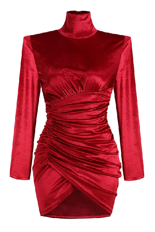 women's lace-up dressesElegant Turtleneck Long Sleeve Ruched Velvet Cocktail Party Dress - Hot Pink women's lace-up dressesElegant Turtleneck Long Sleeve Ruched Velvet Cocktail Party Dress - Hot Pink