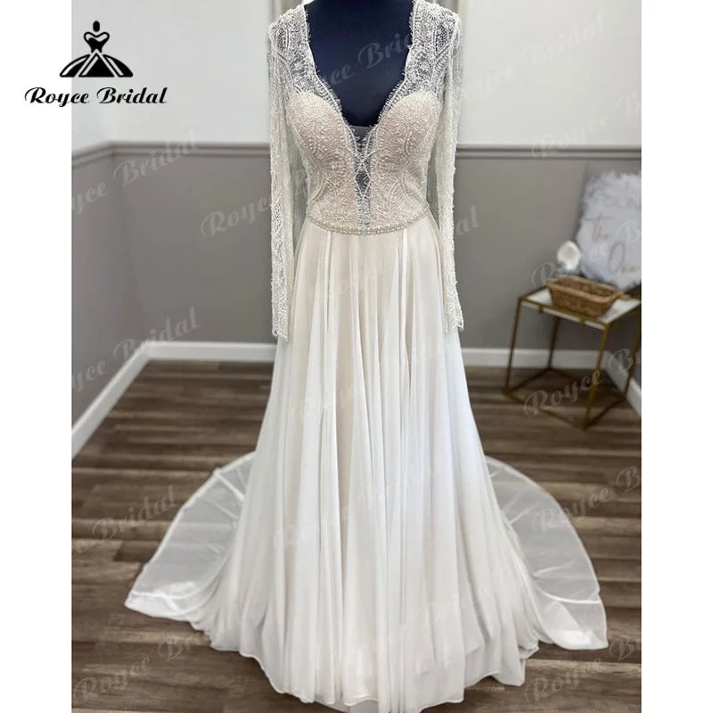 women's cinched-waist dressesRoycebridal Boho Long Sleeve Lace Chiffon V Neck Illusion A Line Beach Wedding Dress 2025 Wedding Gown Bestidos De Novia Elegant Custom Made women's cinched-waist dressesRoycebridal Boho Long Sleeve Lace Chiffon V Neck Illusion A Line Beach Wedding Dress 2025 Wedding Gown Bestidos De Novia Elegant Custom Made