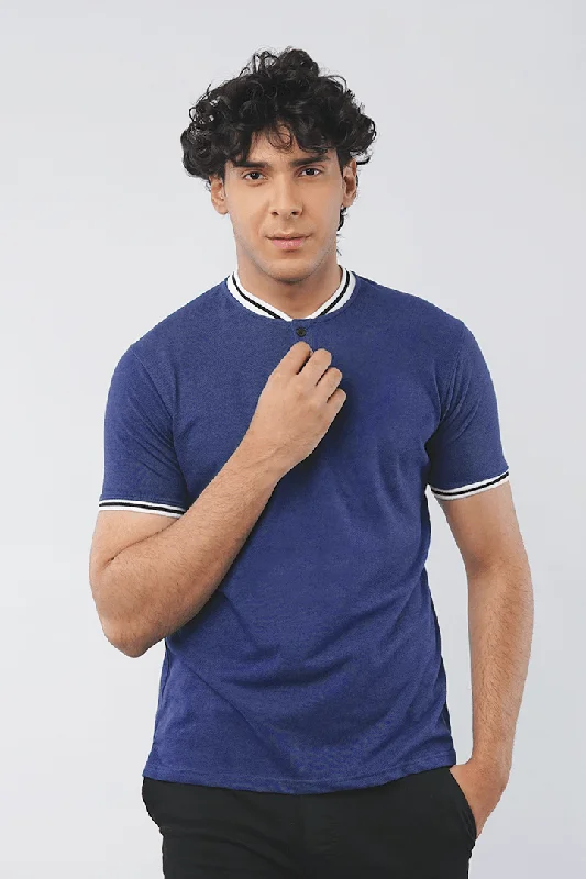 Men's Shirts with Appliqué DetailsNavy Pique Henley T-shirt