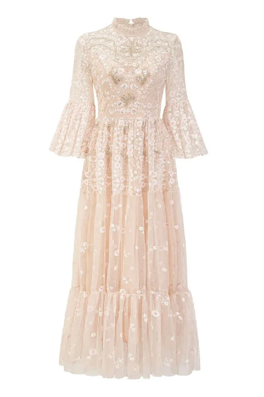 Leather DressFairytale Floral Embroidered Beaded Sequin Ruffle Tulle Evening Maxi Dress