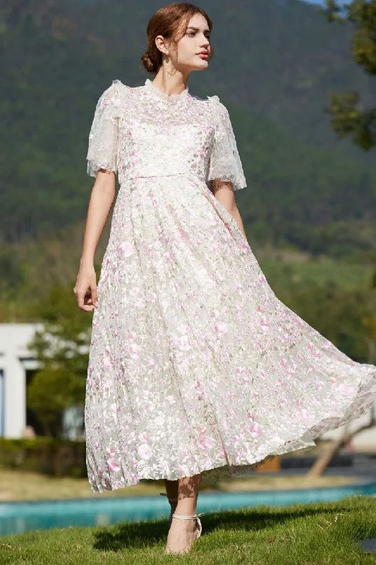 women's plus-size dressesRomantic Ruffle Neck Puff Sleeve Floral Embroidered Tulle Evening Maxi Dress - Pink women's plus-size dressesRomantic Ruffle Neck Puff Sleeve Floral Embroidered Tulle Evening Maxi Dress - Pink
