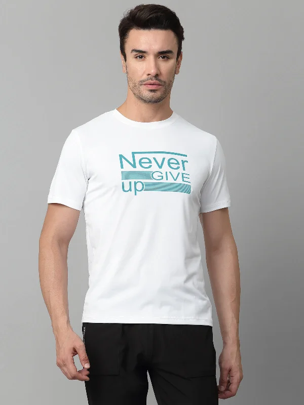 Men's Shirts with Raw-Edge HemlinesJUMP USA Mens White Typography Printed Polyester T-shirt Men's Shirts with Raw-Edge HemlinesJUMP USA Mens White Typography Printed Polyester T-shirt