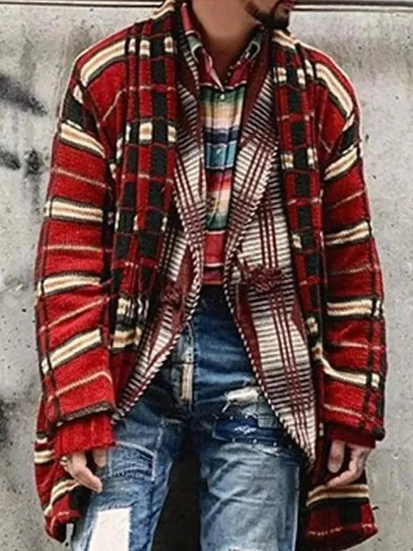 Men's Sweaters with Shawl CollarsLong Plaid Knitted Men Cardigan Sweater