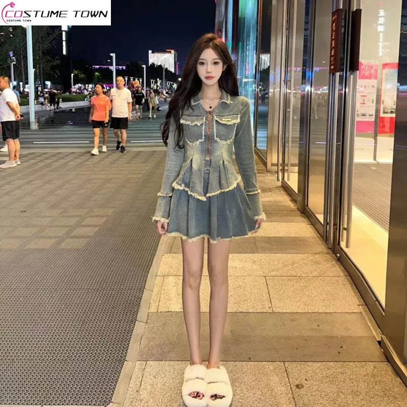 Men's Jeans in Different ColorsNew Spicy Girl Design Feeling Plush Edge Denim Coat+Pleated A-line Skirt